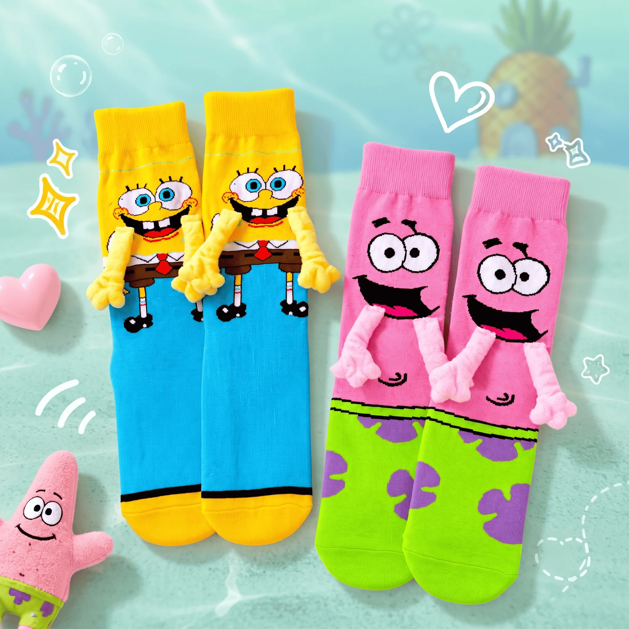 Kreative 3D Cartoon Socken SpongeBob & Patrick Händchen haltend Lustige Magnetische Crew-Socken aus Baumwolle Neuartiges Geschenk für Paare Streetwear – Detail 7