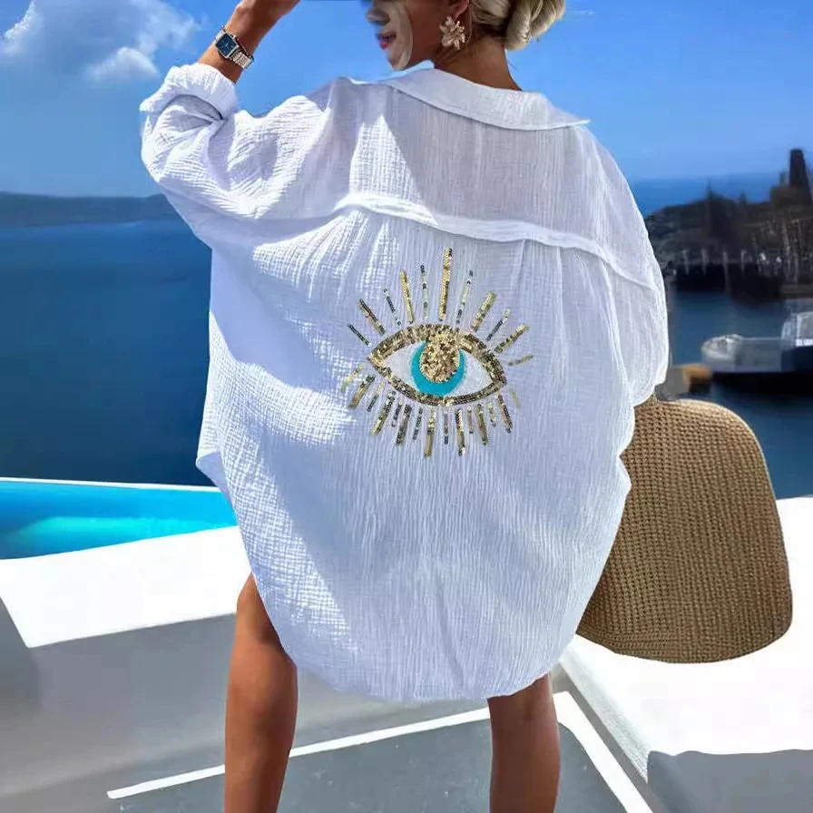 

Fashion Spring Summer Evil Eye Top Long Sleeve Loose Cotton and linen Shirts Women Casual Sequin Beaded Turn-down Button Blouse