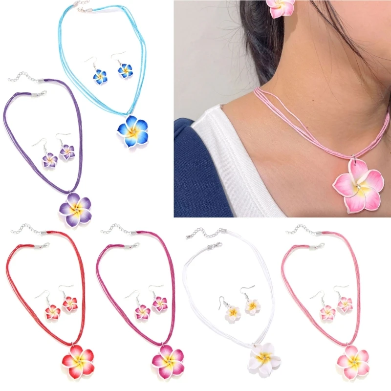 Y2K Frangipani Pendant Wax Rope Choker Necklace Earring for Women Elegant Harajuku Unusual Neck Chain Jewelry