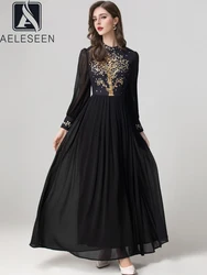 AELESEEN Vintage Long Black Dress Women Spring Autumn Full Sleeve Turtleneck Flower Print Sequined Beading Elegant Ethnic Party