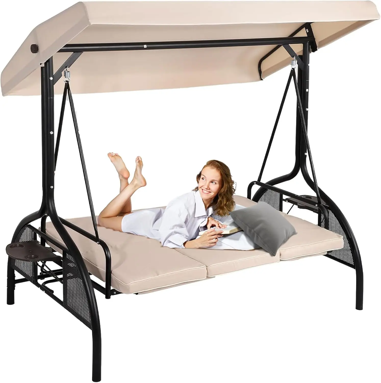 Magic Union 3-Seat Outdoor Patio Swings With Canopy Adjustable Porch Swing With Stand, Cushions And Foldable Side Tray For