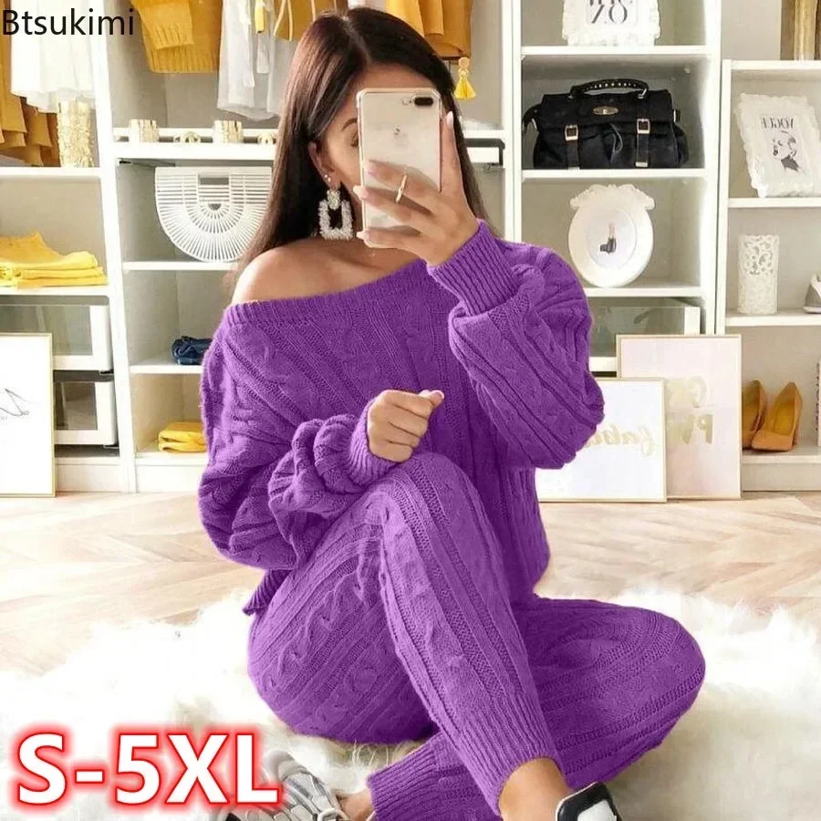 Autumn Winter Women 2 Piece Set Casual Knitted Tracksuit Sportswear Warm Sweater + Long Pants Outfits Women Autumn Wear S-5XL