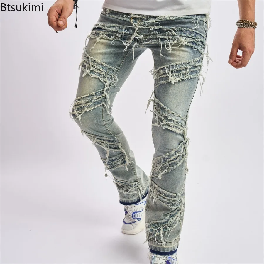 2025 Spring Autumn New Ripped Men's Jeans Street Trends Fashionable Loose Wide Leg Pants Men's Elastic Jeans Casual Men's Pants