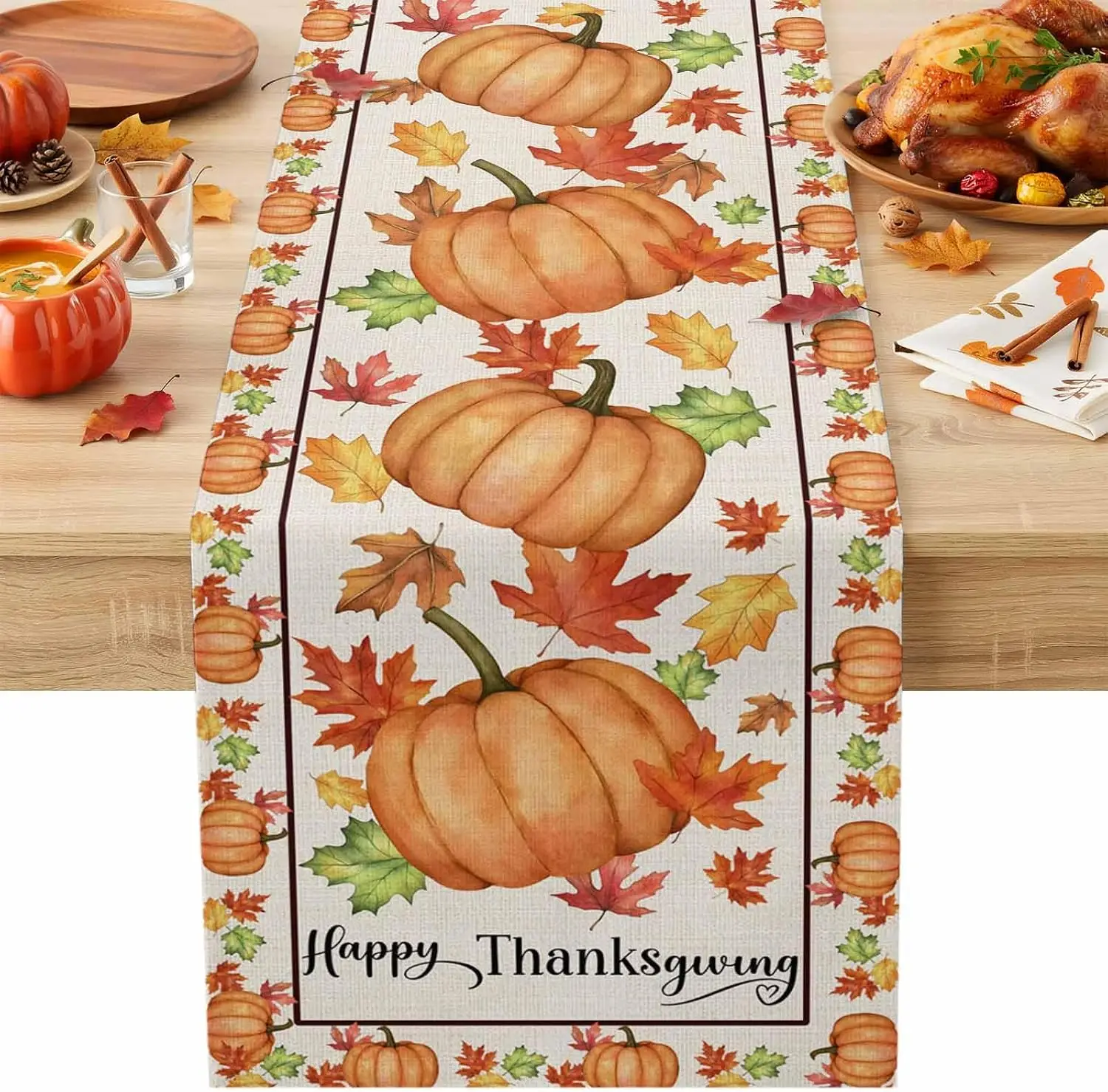 Fall Harvest Pumpkins Maple Leaf Linen Table Runner Holiday Party Decor Reusable Kitchen Dining Table Runner Autumn Decorations