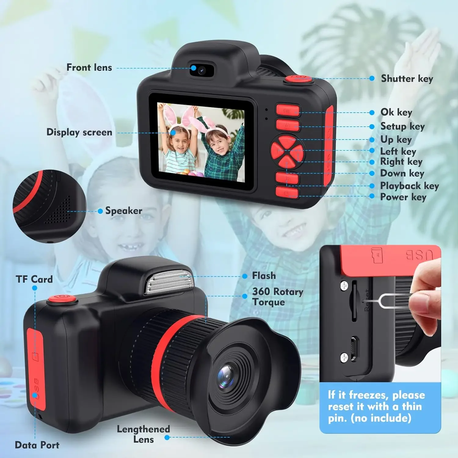 Fotocamera Digitale per Bambini con Obiettivo Lungo Zoom Mini Fotocamera Giocattolo con Flash 1080P Schermo da 2.0 Pollici Regalo di Compleanno e Festività per Bambini