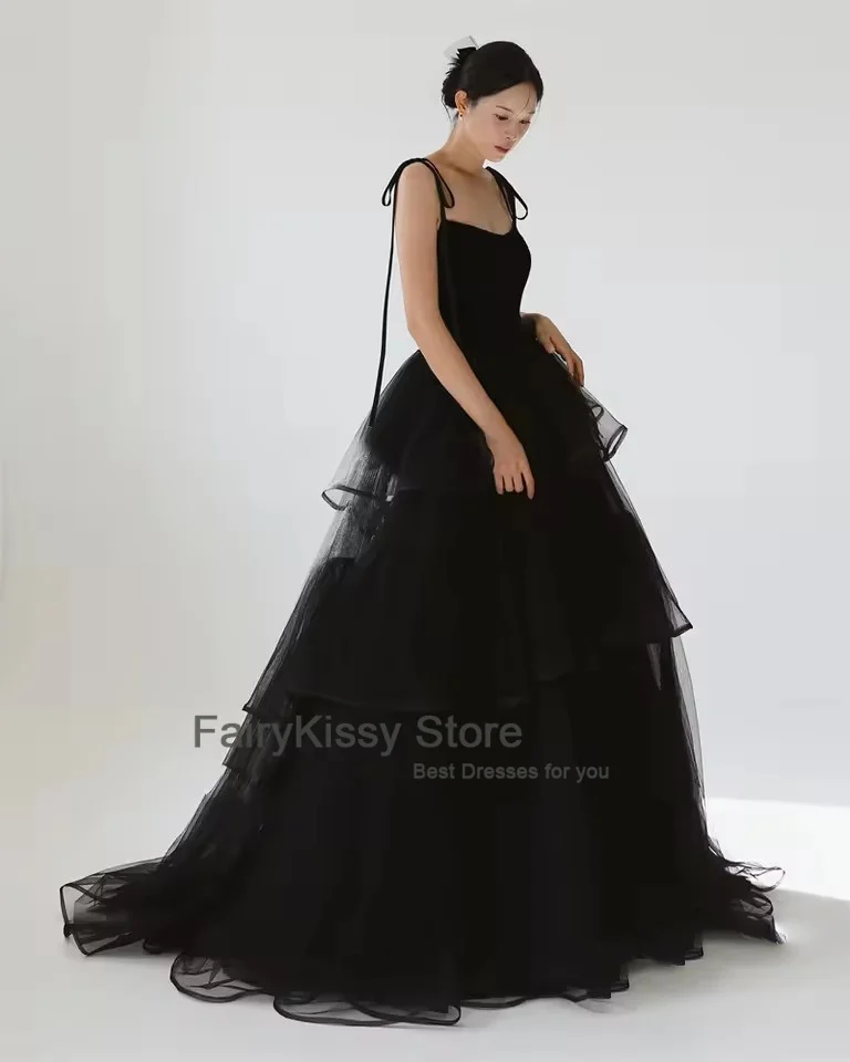 FairyKissy Princess Black Tiered Wedding Dresses Korea Photo shoot Spaghetti Straps Layered Evening Gowns Corset Back Customized image 4