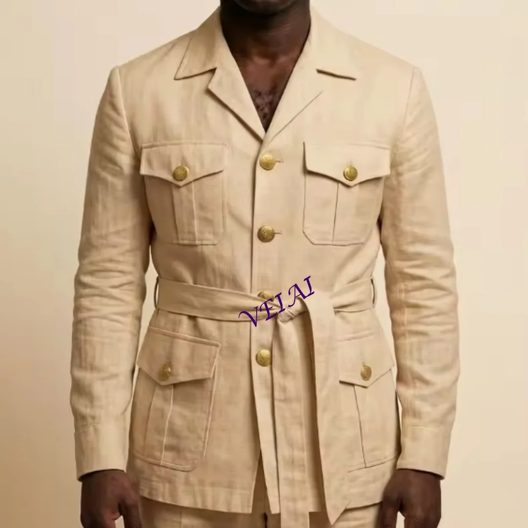 Customized Men's Off-White Linen 2-Piece Safari Suit Notched Lapel Prom Suit with Belt Gold Buttons Multi Pockets Beach Summer W