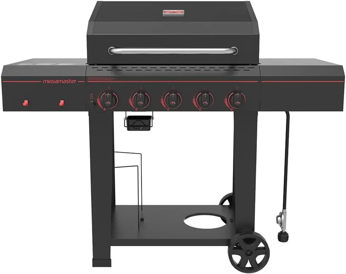 5 Burner Propane Barbecue Gas Grill, Side Shelves w/Hooks, for Outdoor Cooking, Patio, Garden Barbecue Grill, 50000 BTUs,  Black