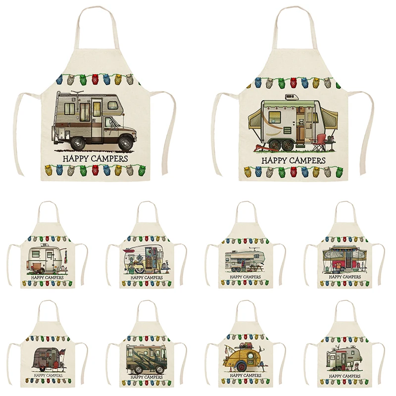 Kitchen Apron Camper Car Pattern Printed Sleeveless Cotton Linen Aprons For Men Women Home Cleaning Tools