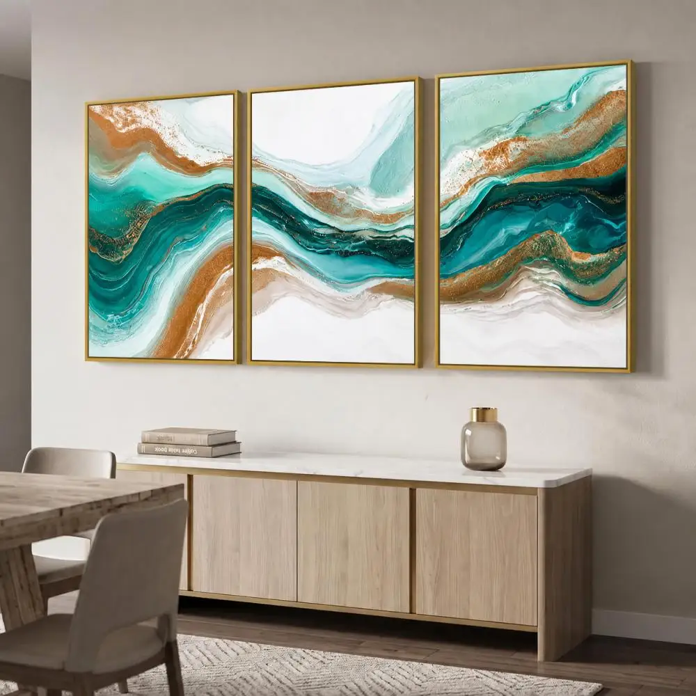 Turquoise Gold Fluid Marble Abstract Painting Calligraphy Canvas Poster Set Wall Art for Bedroom Living Room Home Decor Decals