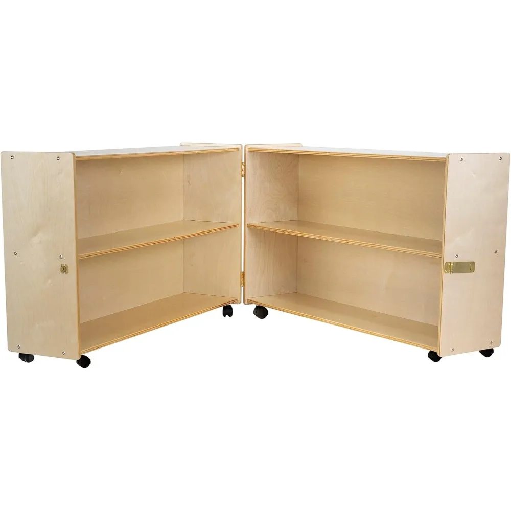 

rolling birch plywood bookcase with folding hinges and casters, 47" closed to 94" open, 2-shelf storage