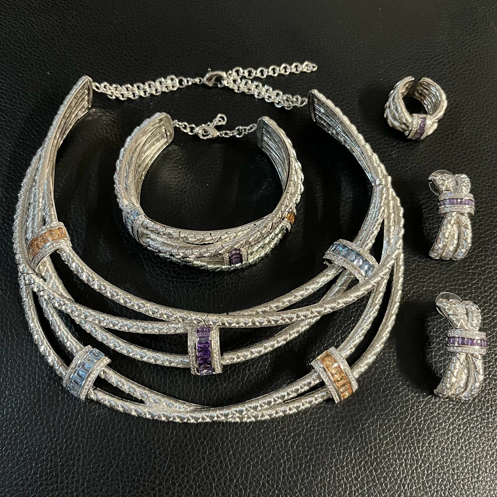 Bridal Multi-Tone CZ Choker Jewelry Set 4Pcs Silver Tone Layered Necklace Bracelet Ring & Earrings Set American Diamond Style