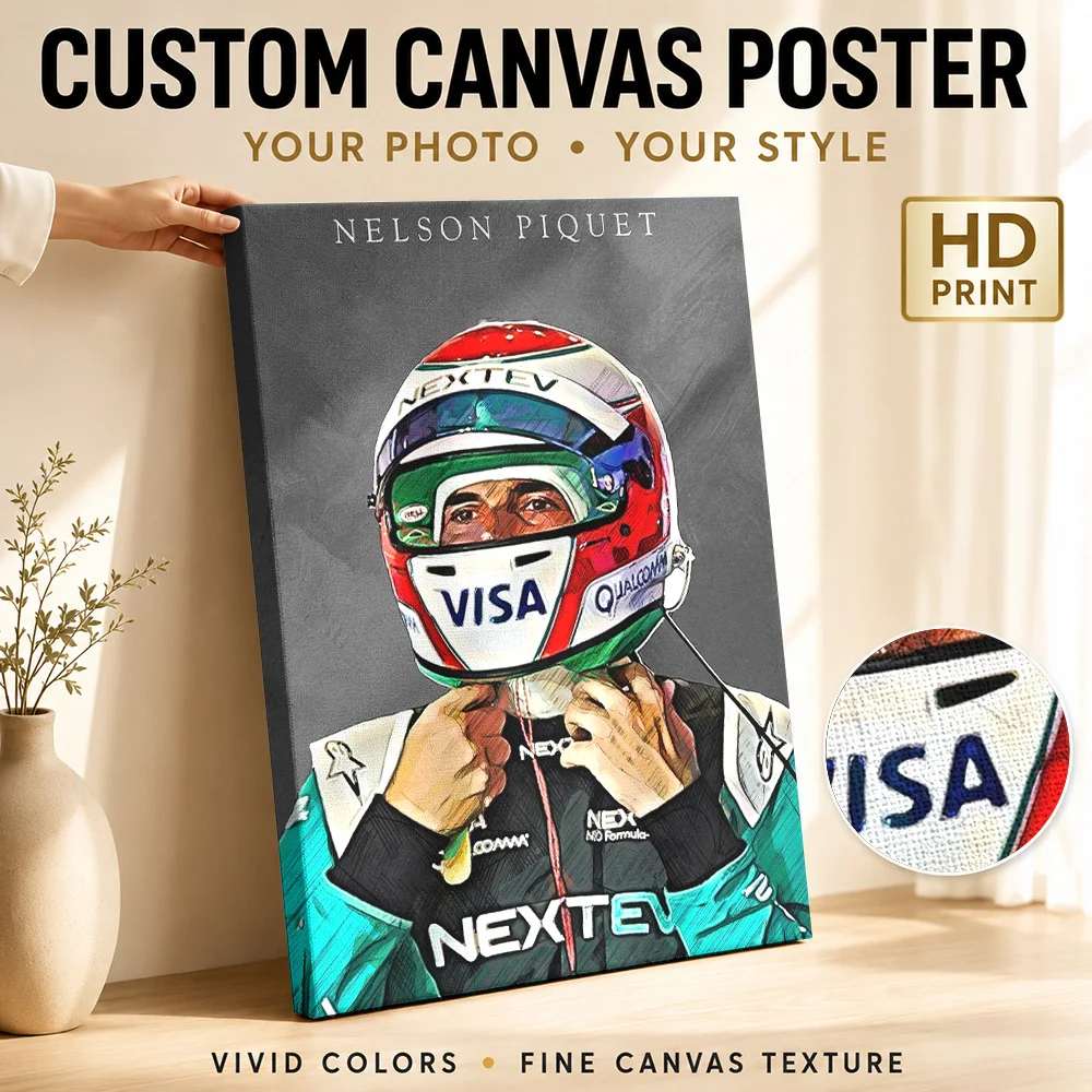 Nelson Piquet Wearing Racing Helmet Framed Canvas Poster Customized Photo Soft Studio Lighting Wall Art For Motorsport Lounge
