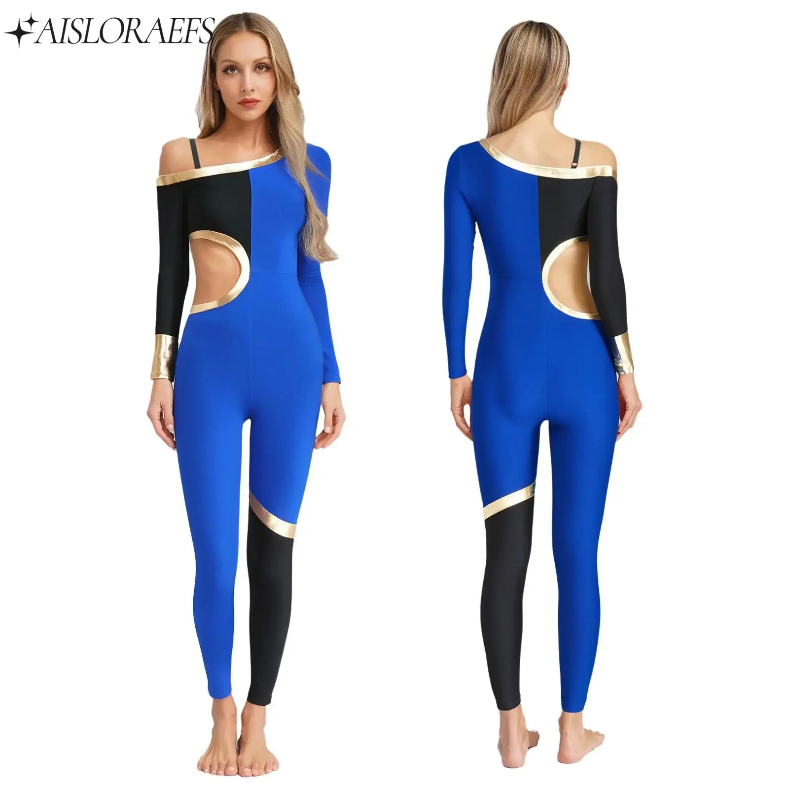 

Womens Ballet Gymnastics Leotard for Swimsuit Skating Dance Stage Costume Long Sleeve Color Block Waist Cut Out Design Jumpsuits