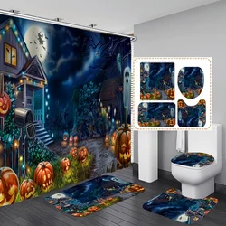 Halloween Shower Curtain Set 4PCS with Toilet Lid Cover Bath Area Mat Toilet Lid Cover Haunted House Horror Bathroom Decor