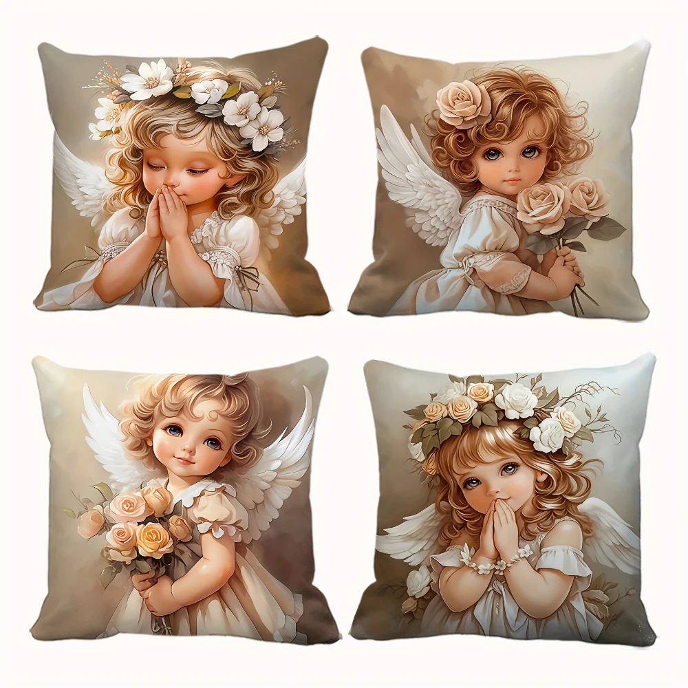4PCS Little Angels Themed Pillowcase 4Pcs Beige White Wings Flower Garlands Double Sided Print for Sofa Home Decoration Gift