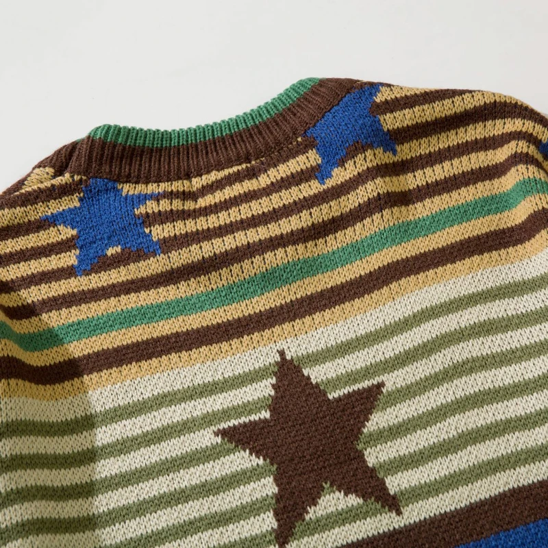 Harajuku Knit Pullovers Sweater Men Women Striped Star Flocking Embroidery Oversize Sweaters Vintage Casual Jumper Autumn Winter