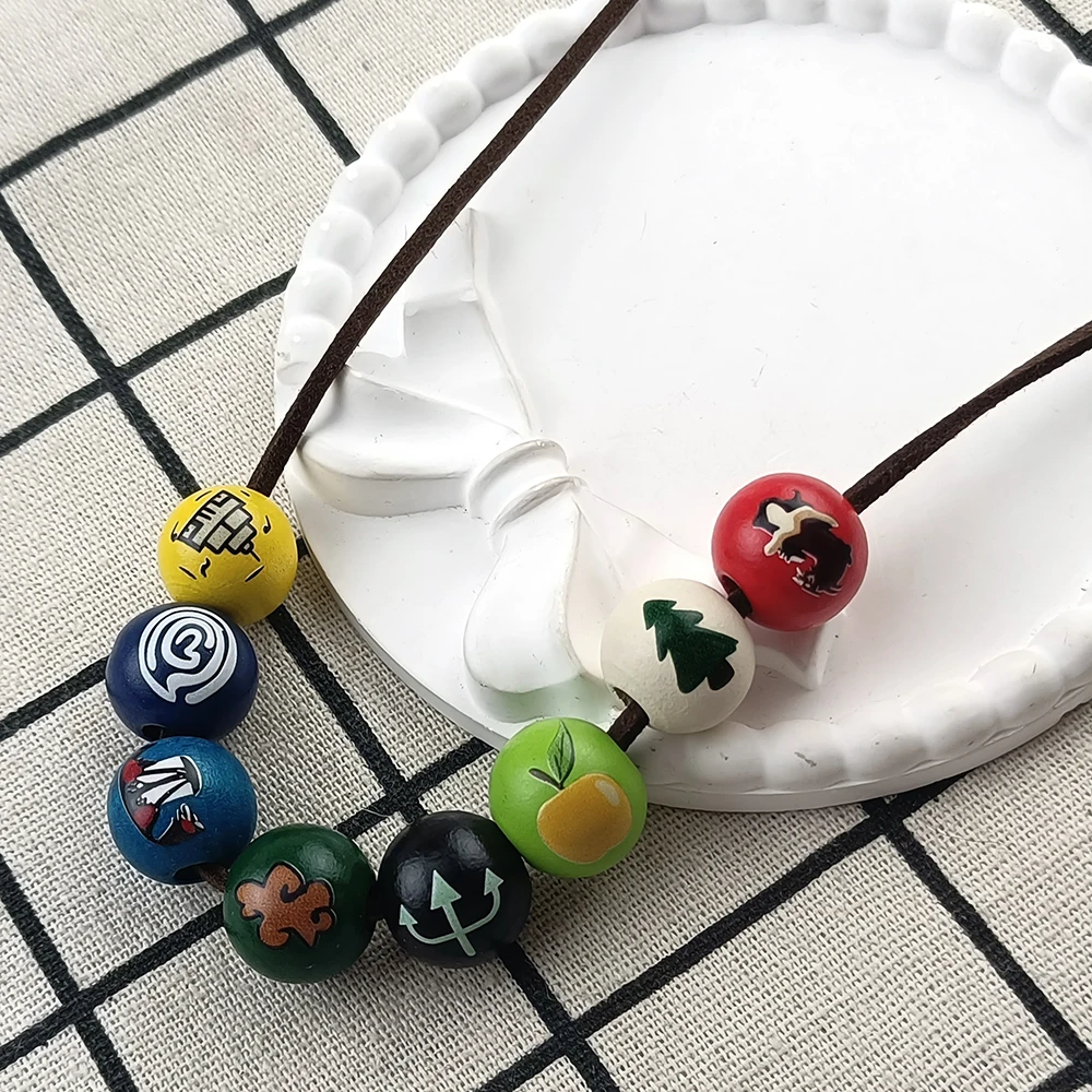 Percy Jackson Camp Half Blood Wooden Bead Necklace 8 Hand Painted Symbol Beads Rope Necklace Cosplay Jewelry Fans Gift