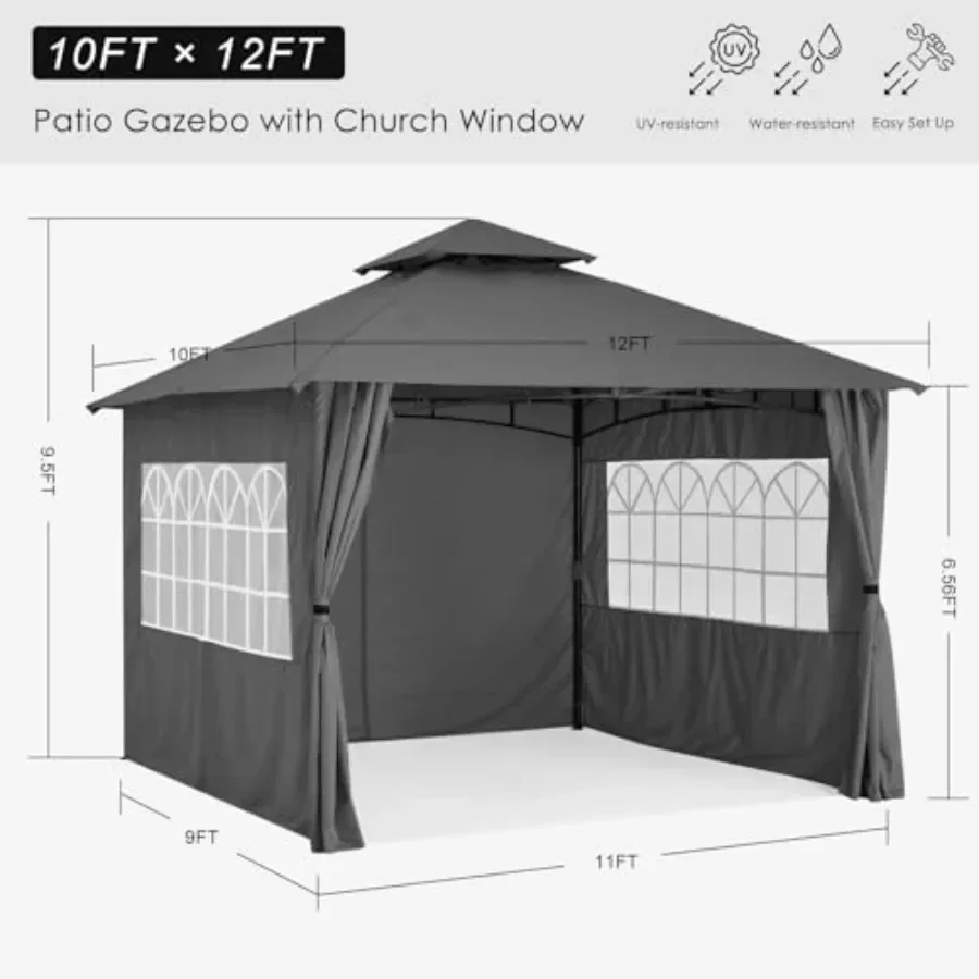 Patio Gazebo Steel Fe Outdoor Gazebo with Windows Curtains for Garden Sunshade in Beige with Ventilation Windows and Durable Fa