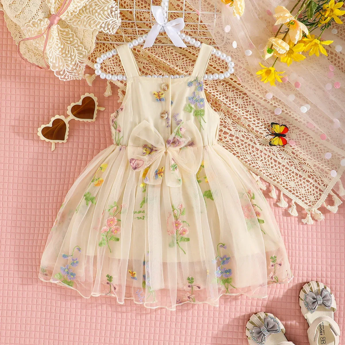 Toddler Girl Mesh Suspenders Bow Dress 2024 New Fuffy Tulle Tutu Summer Cute Baby Girl Sweet Girls Embroidery Flower Casual Wear