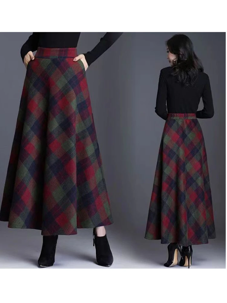 Retro Plaid  Skirt High Waist Large Size Slimming Base Layer Women's A-Line Skirt Casual Print Loose Fit Elastic Waist