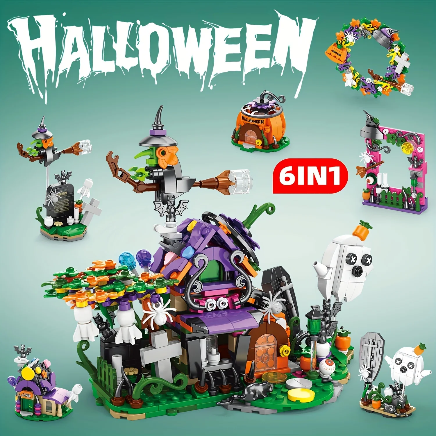 Halloween 6 In 1 Bouwsteen Set Snoep Pompoen Huis Spooktrein Model Bakstenen Desktop Collectie Diy Speelgoed Kinderen Kerstcadeaus