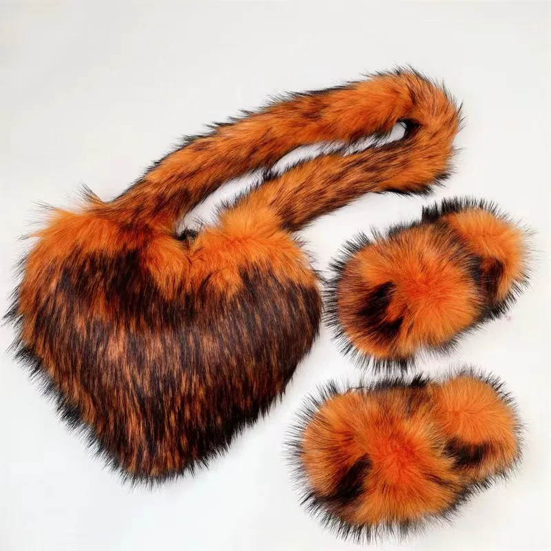 Luxury Fluffy Faux Fur Heart Shape Bag With Slippers For Women Raccoon Brown Teddy Bear Fox Fur Slides Heart Bag Sets Girls