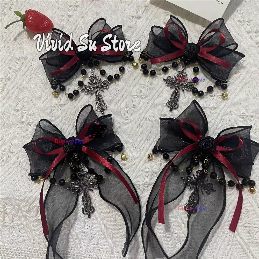 

Original Handmade Black And Red Punk Trendy Cosplay Black Bell Cross Gothic Style Edge Clip Lolita Flower Bud Hair Halloween