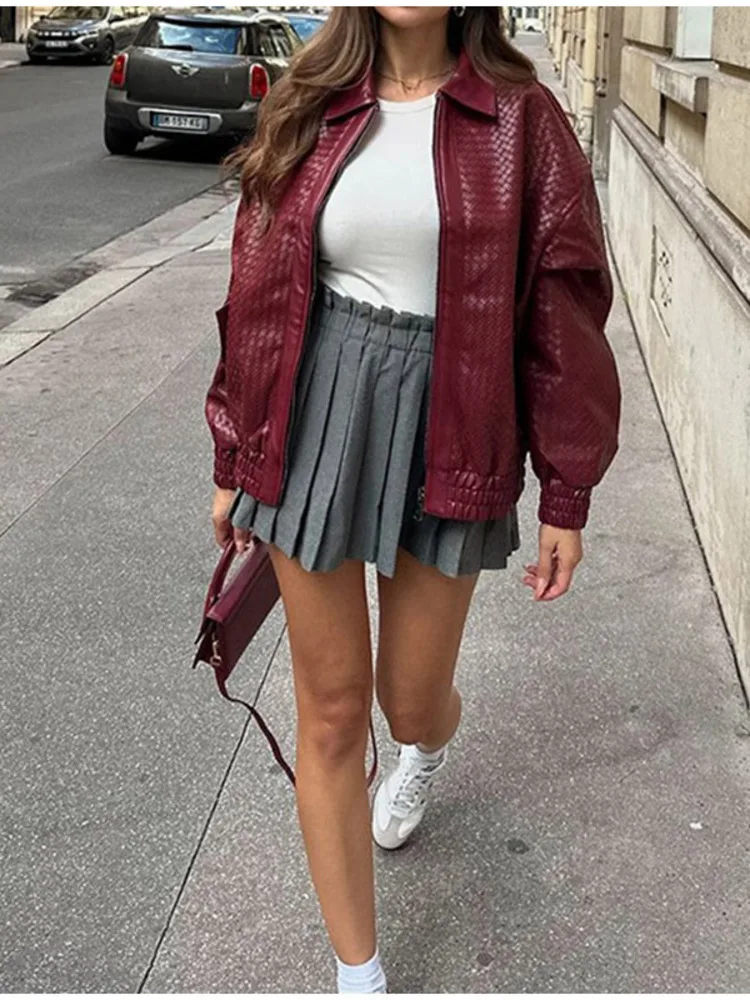 LGRQ-Veste en cuir PU pour femme, manteau à fermeture éclair, vin rouge, marée supérieure, vêtements de printemps, nouvelle mode, 2025, WQ10bloody 3L