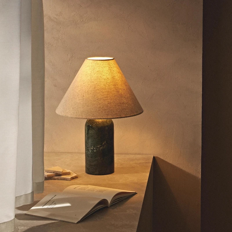 Modern Denmark Cylindrical Marble Table Lamps Taper Fabric LampshadeLiving Room Bedroom Restaurant Study Atmosphere Desk Lights