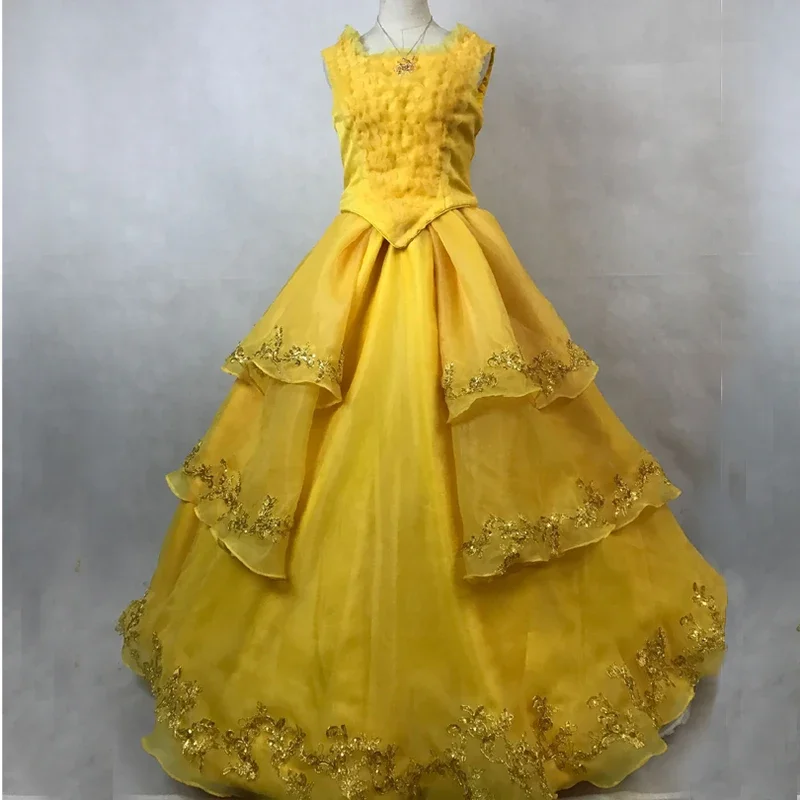 Movie Beast Belle Cosplay Costume Adult Women Yellow Dress Fancy Halloween Party Dance Dresses