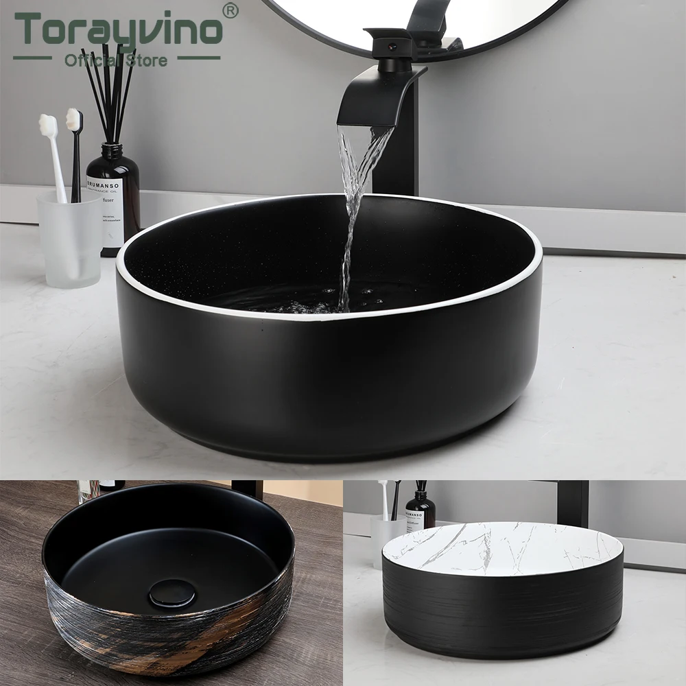 Torayvino Round Ceramic Bathroom Basin Art Vessel Vanity Counter Top Black Sink Mixer Waterfall Faucet with Pop-up Drain Set