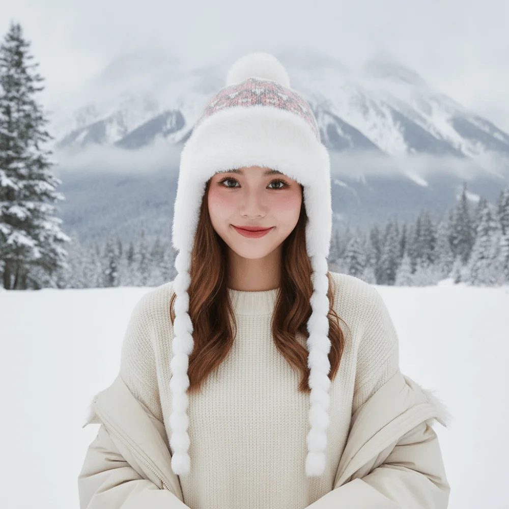 Fleece Lined Pompom Braids Hat Fur Brim Soft Yarn Fur Trim Trapper Thermal Windproof Earflap Winter Cap Commute