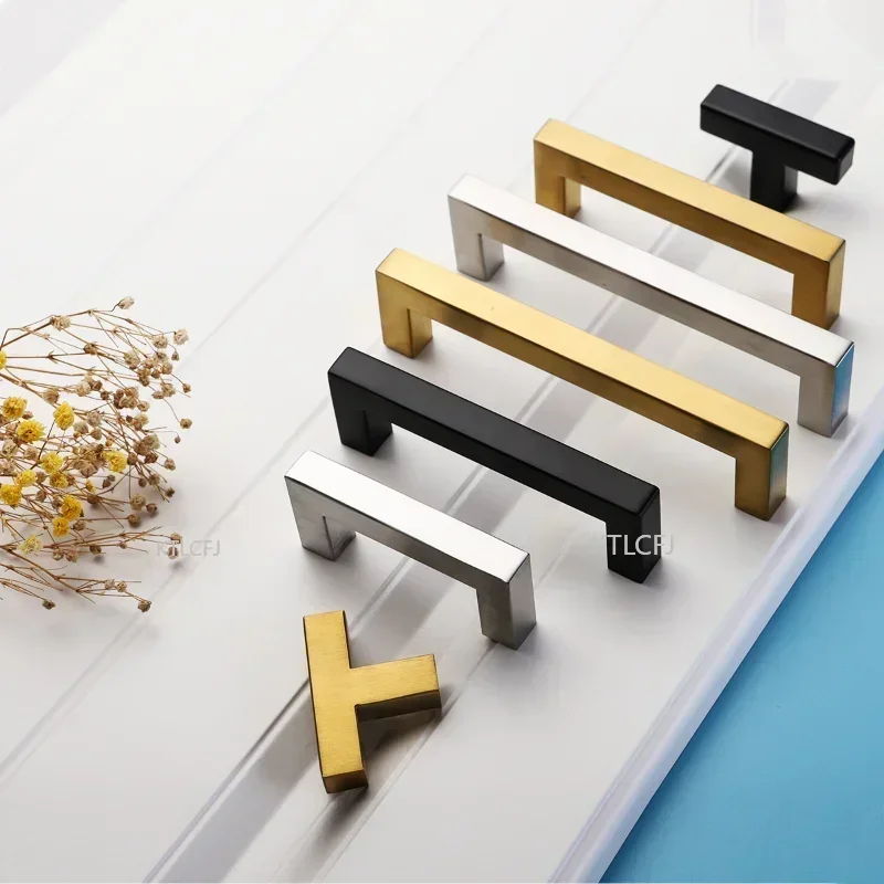 Modern Black Cabinet Handle Square Furniture Hardware Stainless Steel Kitchen Door Knobs Cupboard Wardrobe Drawer Pulls