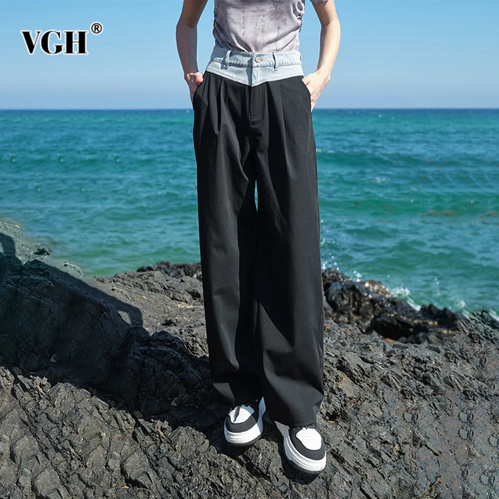 

VGH Colorblock Patchwork Pocket Casual Wide Leg Pants High Waist Spliced Button Minimalist Loose Full Length Trousers Female New