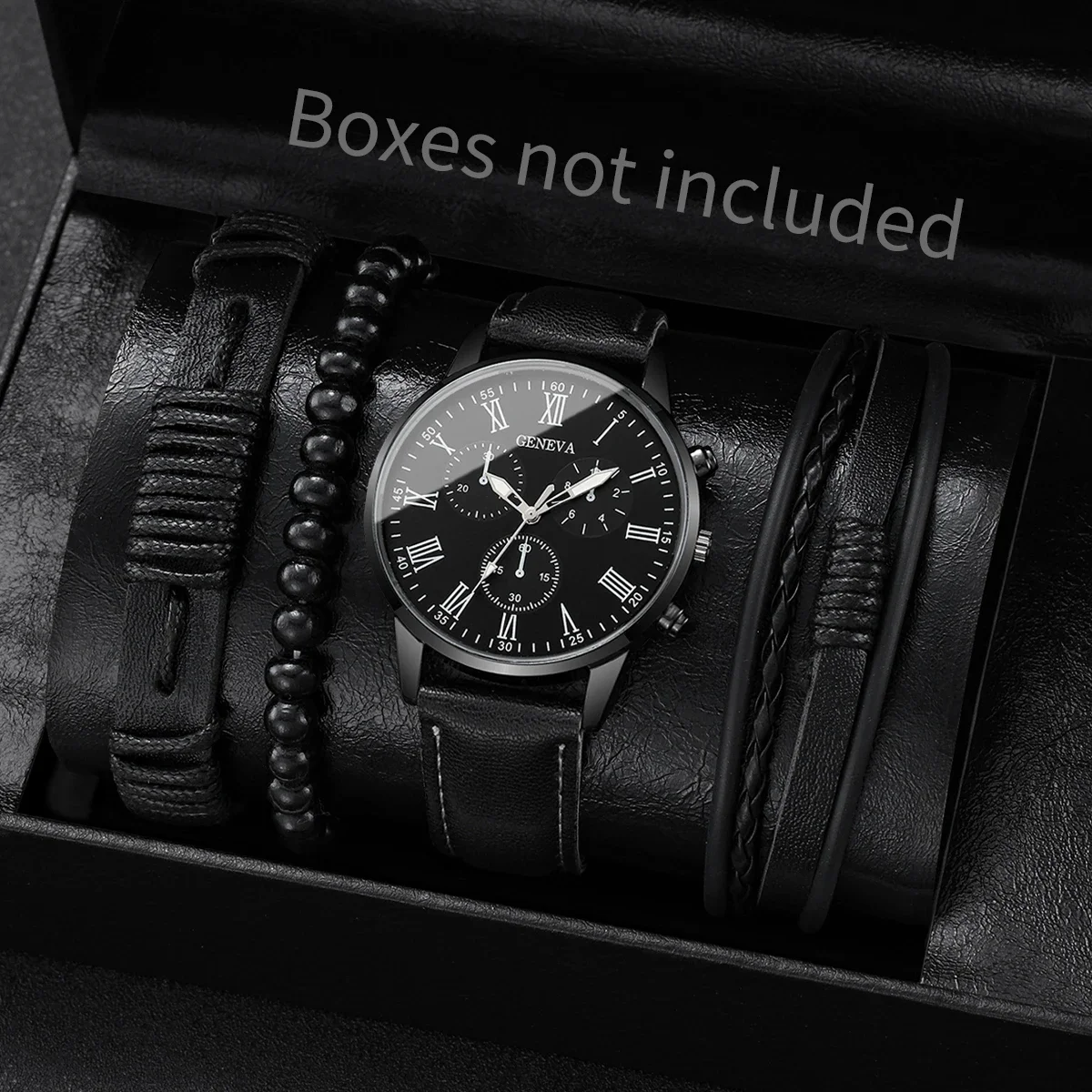 Fashion Men 4‑in‑1 Jewelry Watch Set Black PU Leather Quartz Wristwatch Multi‑style Bracelets Male Daily Gift