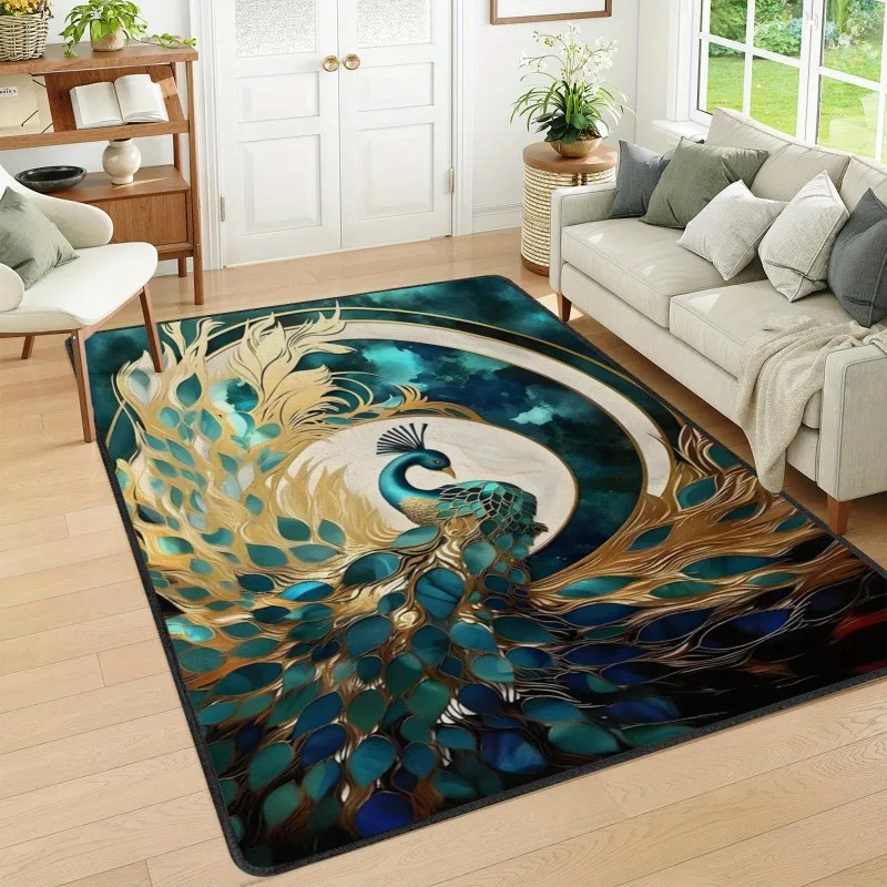 

Beautiful Peacock Pattern Carpet for Living Room Non-slip Animal Print Parlour Sofa Floor Large Area Decor Rug Washable Home Mat