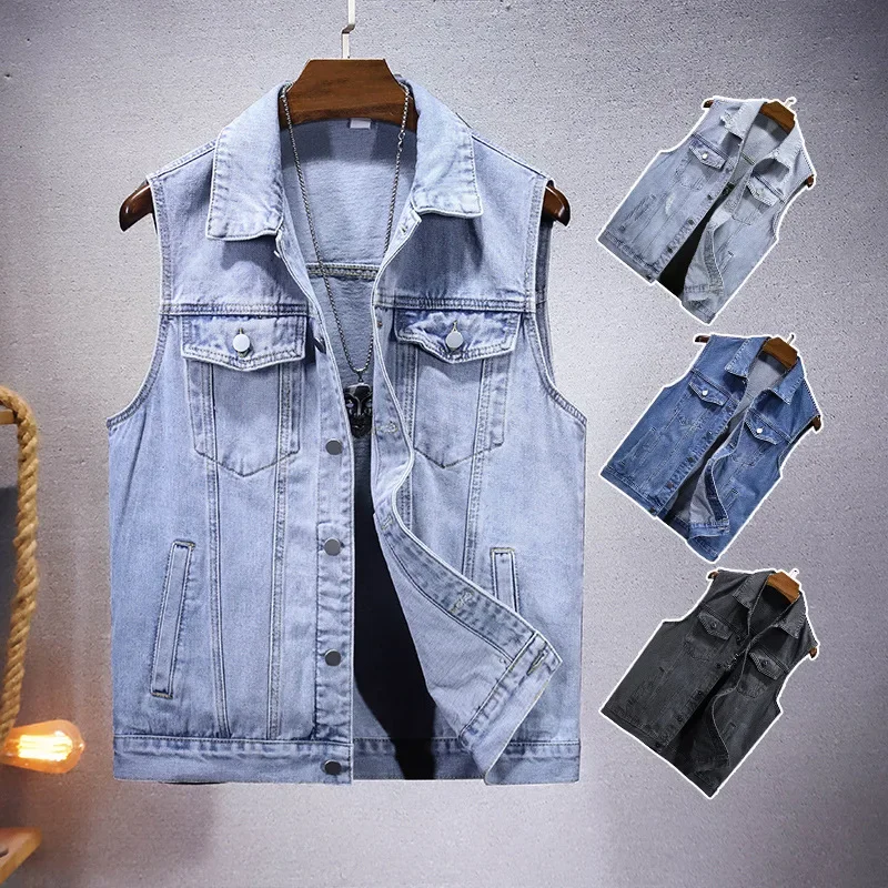 

Men New Denim Jacket Coats Vests Sleeveless Turn Down Collar Casual Regular Coat Button Pocket Slim Fit Jackets Simple Vest 2025
