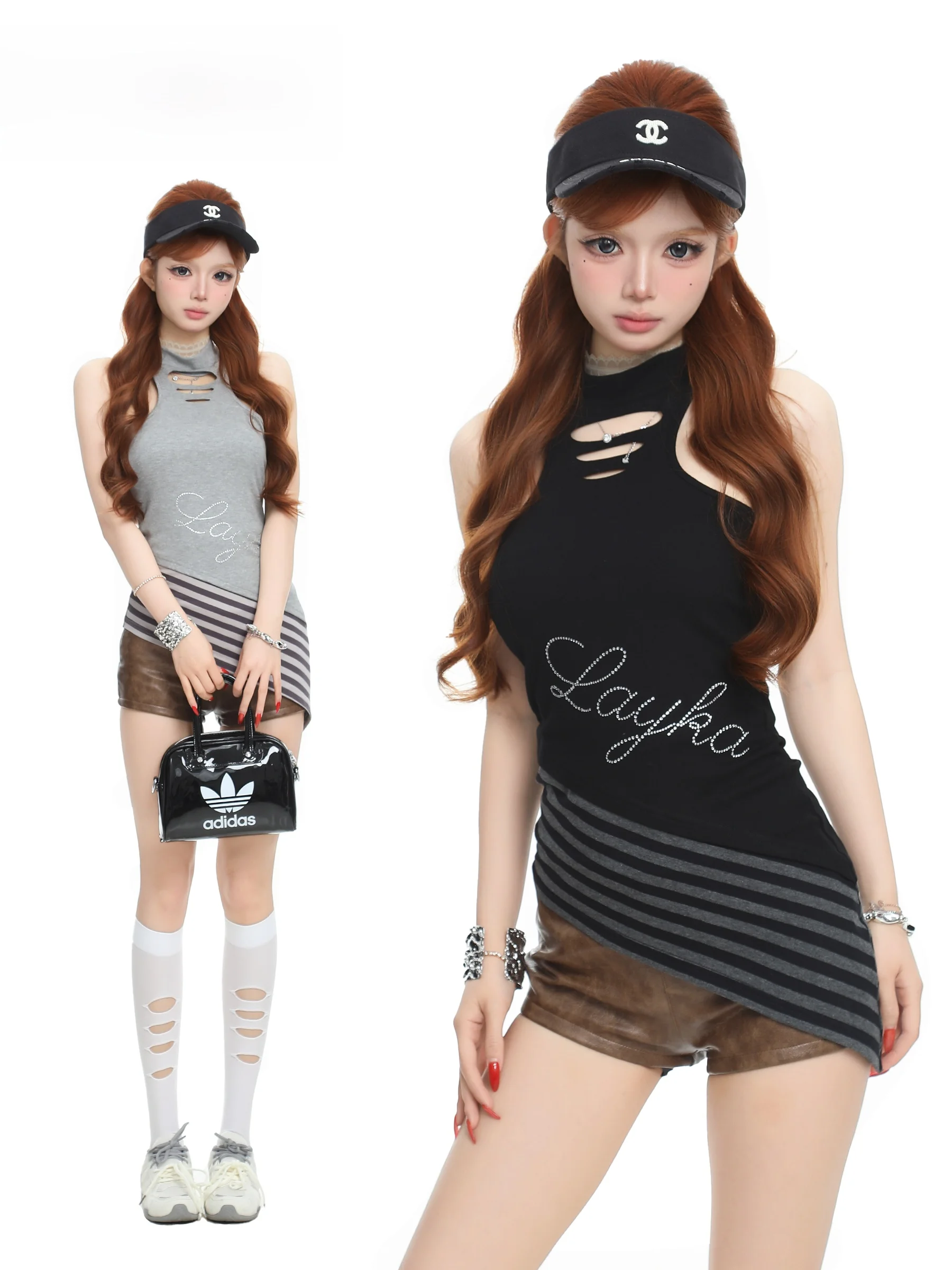 BASTERDS American Style Sexy Stripe Patchwork Slim Fit Shoulder Bared Vest for Women Summer High Elasticity Cotton Blend Knit...