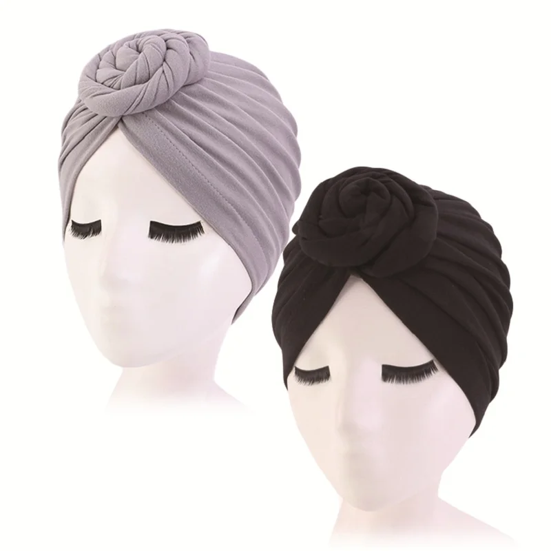 2pcs/lot Women Turban Cotton Top Knot Flower Decor Headwrap Muslim Ladies Hair Cover Beanie Head Wear Solid Color India Hat