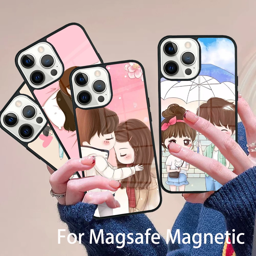 

Cute Boy Girl Couple Phone Case Magesafe Magnetic Wireless Charge Cover For IPhone 16 11 12 13 14 15 Pro Max Plus Mini
