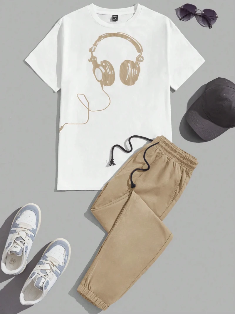 New Personalized Casual Men's Two-piece Headphones Printed Pattern Round Neck Short Sleeve T-shirt And Pants Suit Clothing