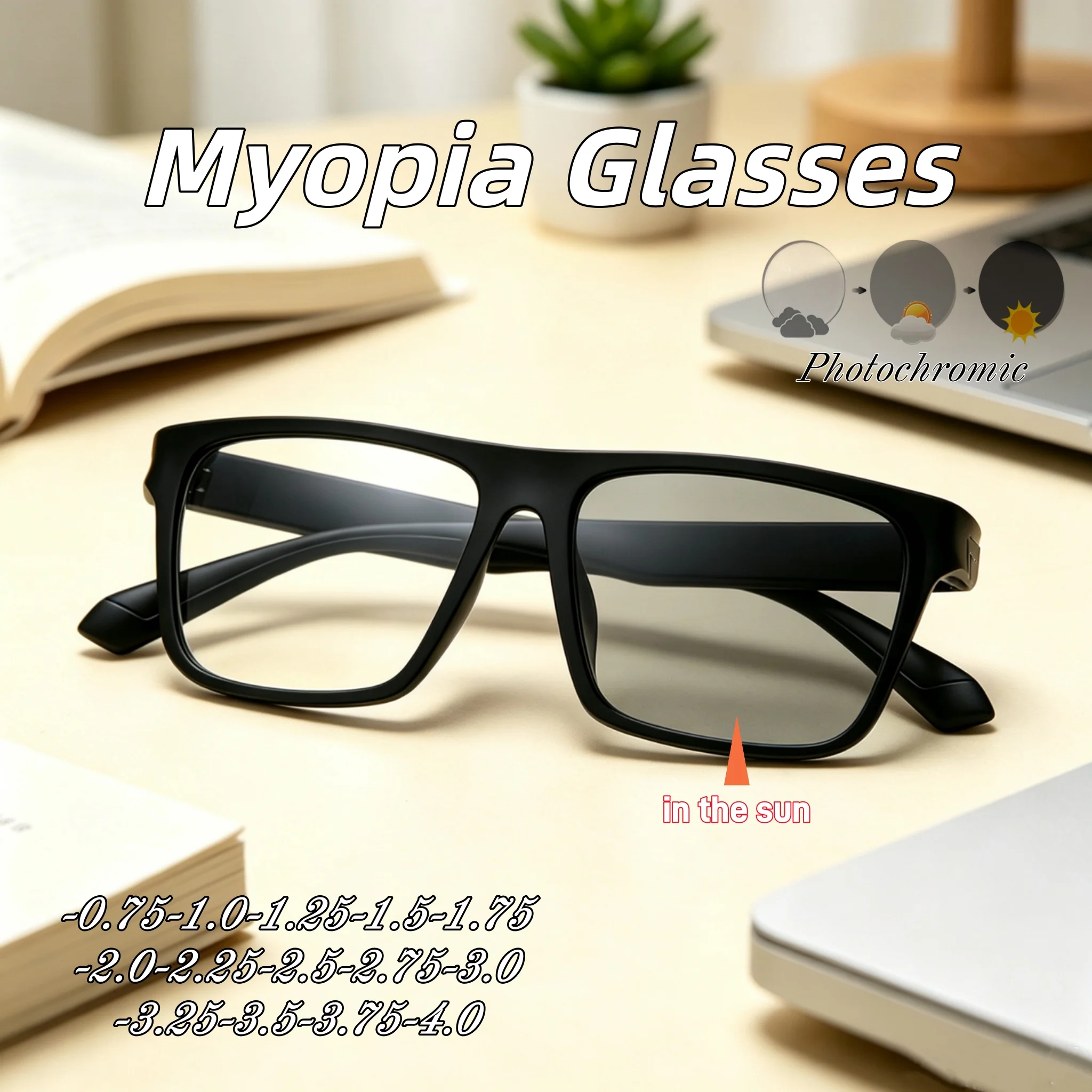 Fashion Vintage Minimalist Square Frame Photochromic Myopia Glasses Business Style Anti Blue Light Near Sight Eyeglasses for Men