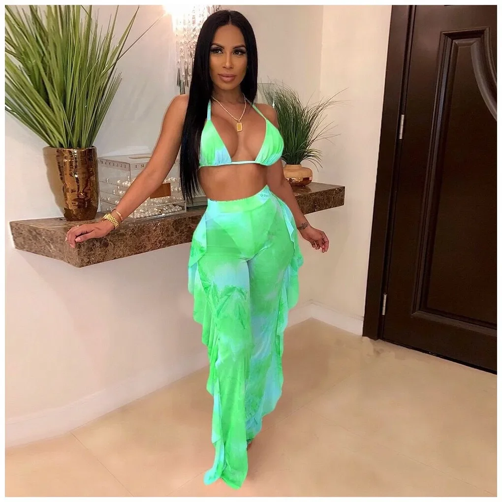 Women Beachwear 2 Piece Swimsuit Lady Bikini Crop Top Bra And Ruffles Flare Pants Beach Fashion Swimwear Two Piece Set Outfits