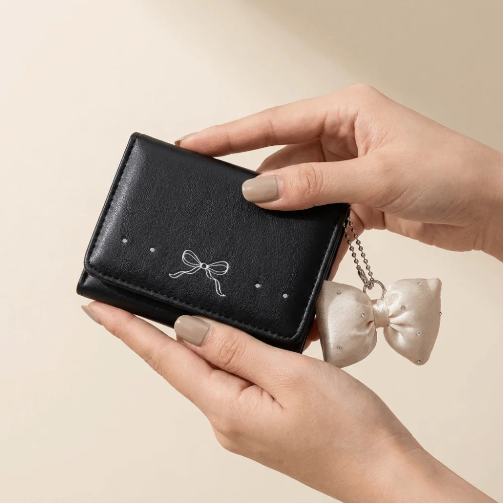 Sweet Pendant Bow Wallet Solid Color Foldable Short Wallet Multi-functional Korean Style Mini Card Holder Work