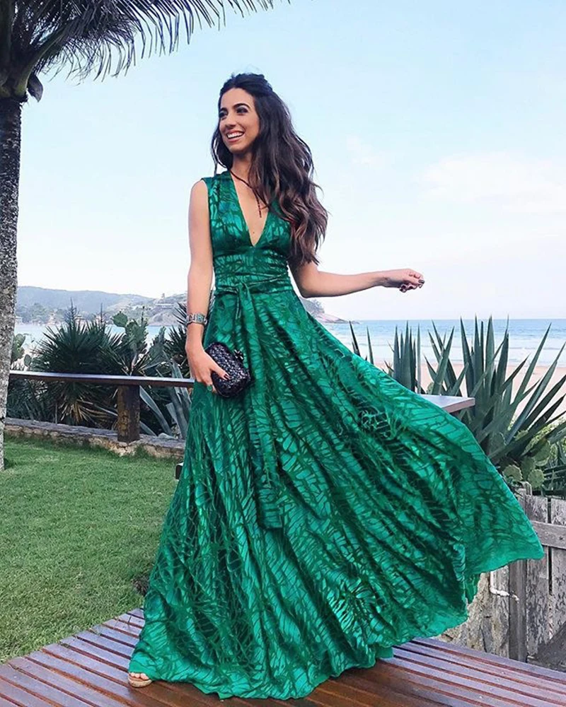 Elegant Printed Green Beach Women Party Dresses Bohemia Deep V-neck Evening Dresses Fashion Bow Sleeveless Female  Vestido Robes