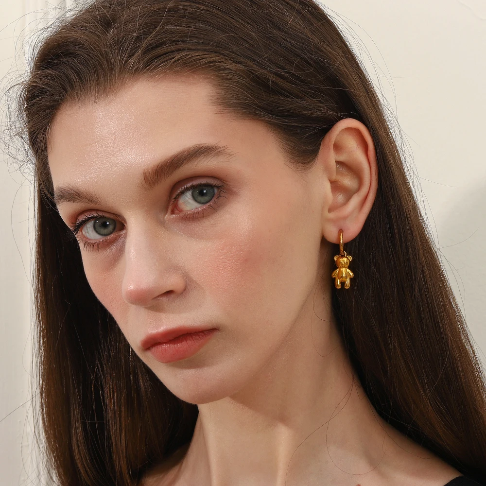 MamacitaSlay Lovely Little Bear Charm 14mm Hoops Hoop earrings 18K Gold Plated Waterproof luxury stainless steel jewelry