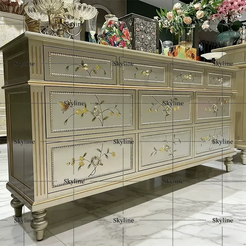 for European Retro Style Hand Painted Light Luxury 10 Drawer Chest Cabinet Living Room Bedroom Storage Porch Furniture