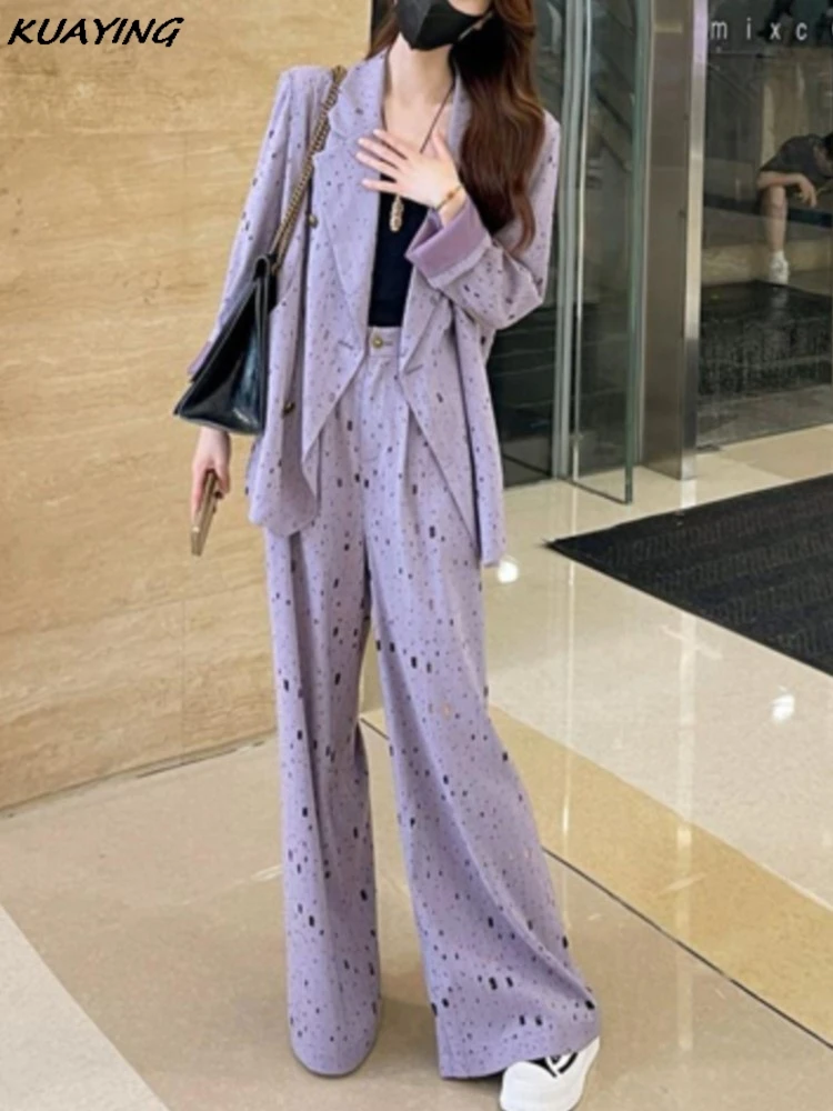 Autumn Women Blazer Pantsuits Fashion Vintage Wide Leg Pants 2 Piece Set Korean Female Business Casual Trousers Outfits New 2024