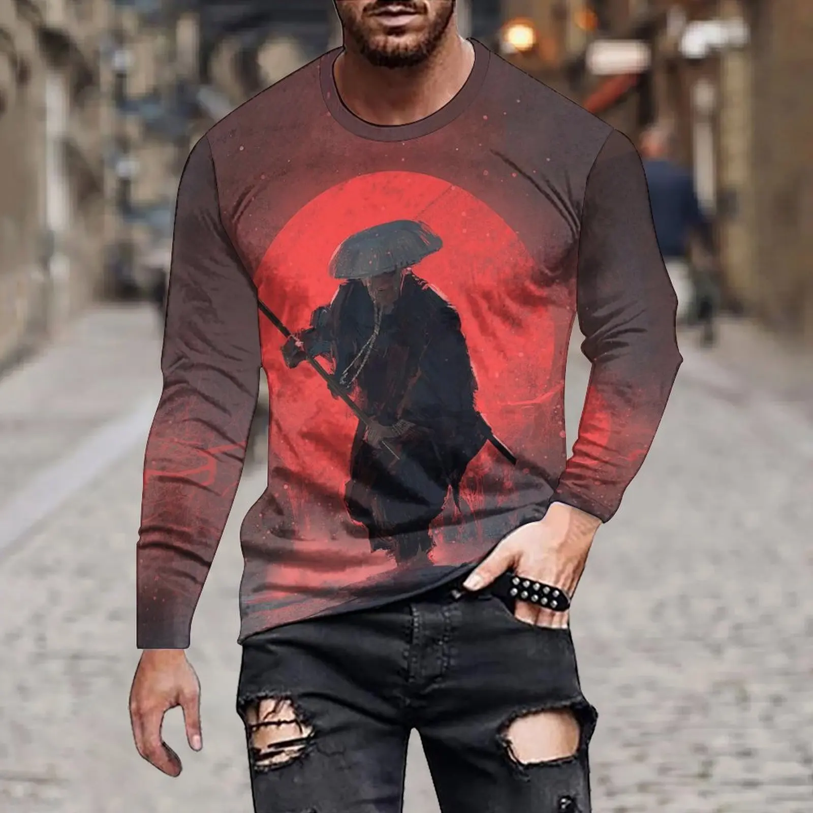 Spring And Autumn Fashion Long Sleeve Men's Solid Color Irregular Oil Painting Soldier Illustration Print Loose Casual Hoodie